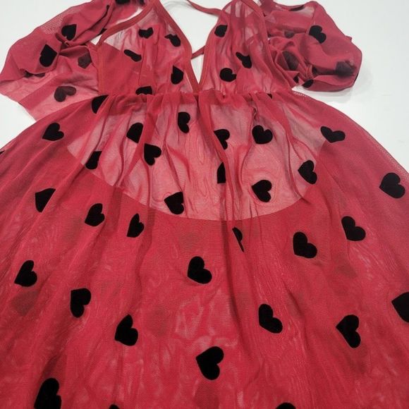 Heart Print Ruffle Mesh Slip Lingerie - Picture 6 of 7